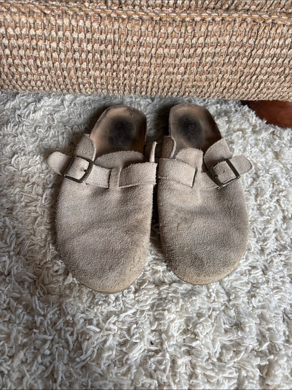 Suede Slip-On Buckle Mules in Taupe